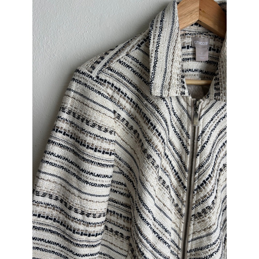 Chico's Sophisticated Tweed Jacket Zip Front Striped Multi Size 2 Large XL NEW - Picture 4 of 9